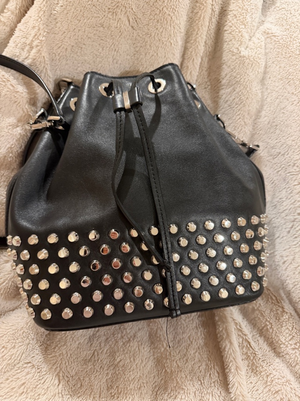 Michael Kors Black Studded Drawstring Shoulder Bucket Bag